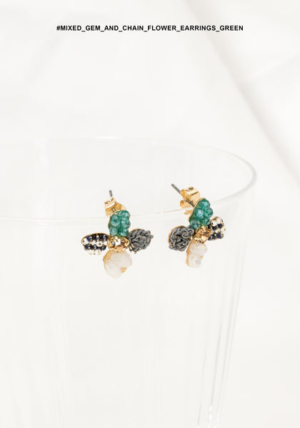 Mixed Gem And Chain Flower Earrings Green - whoami